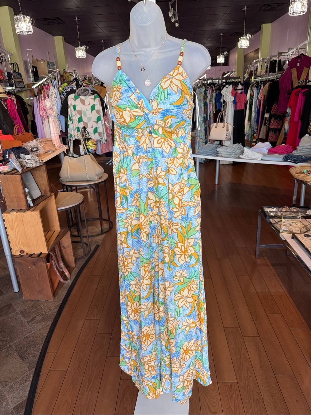 Floral V-Neck Maxi Dress in Blue and Yellow